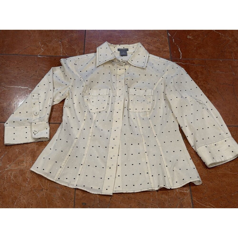 ANN TAYLOR LOFT BLACK IVORY DOT TOP BLOUSE BUTTOND DOWN 2P XS 3/4 SLEEVE NEW - Picture 5 of 5